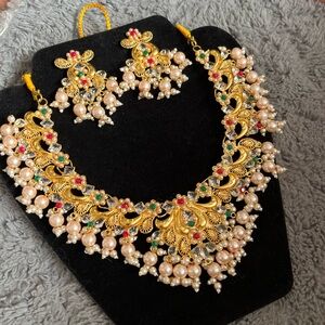Gold-Tone Pearl Necklace with Multicolor Stones and Matching Earrings